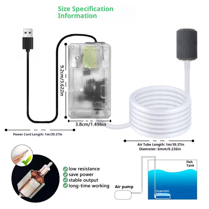 Usb Aquarium Air Pump Silent Portable Fish Tank Oxygen Pump With Air Stone For Small Fish Tank Outdoor Fishing