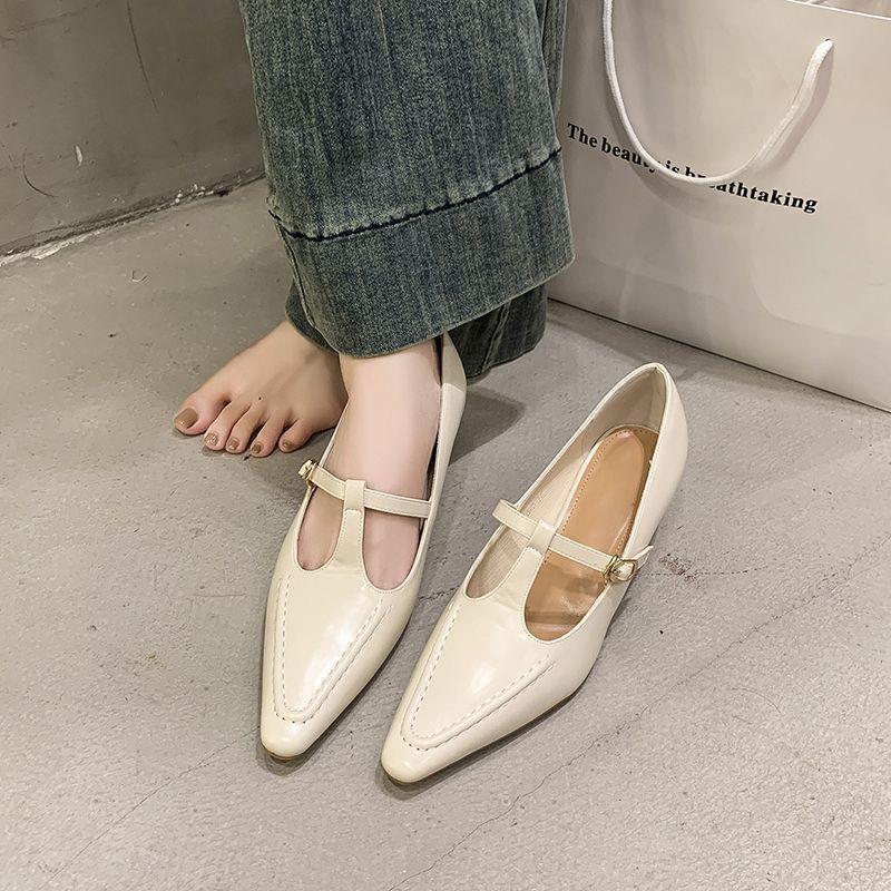2025 spring new thin heel light mouth Mary Jane high heels pointed solid color one pedal French pointed low heels