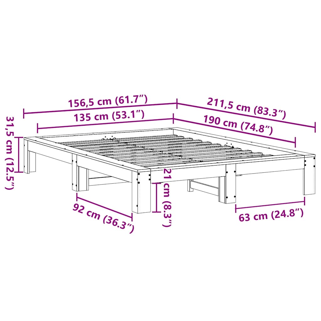 Vidaxl Bed Frame Without Mattress, White, 135X190 Cm, Solid Pine Wood
