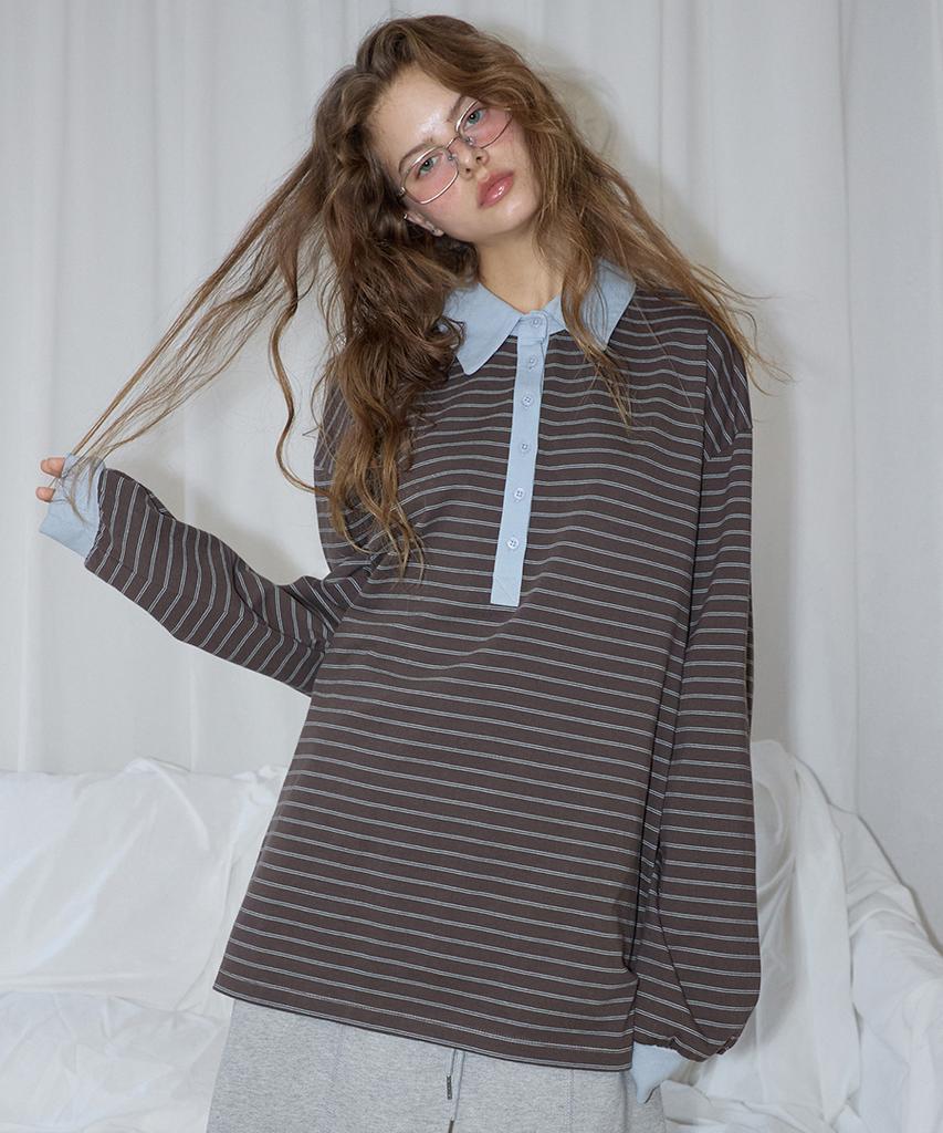 Lense Striped Long Sleeve Rugby Tee Brown