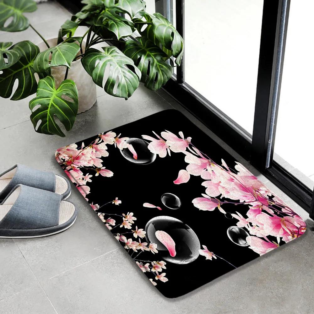 

Magnolia Shower Curtains Bath Mat Blooming Flowers Natural Scenery Bathroom Decor Hooks Black Bath Curtain Anti Slip Carpet Rugs W90XH180cm