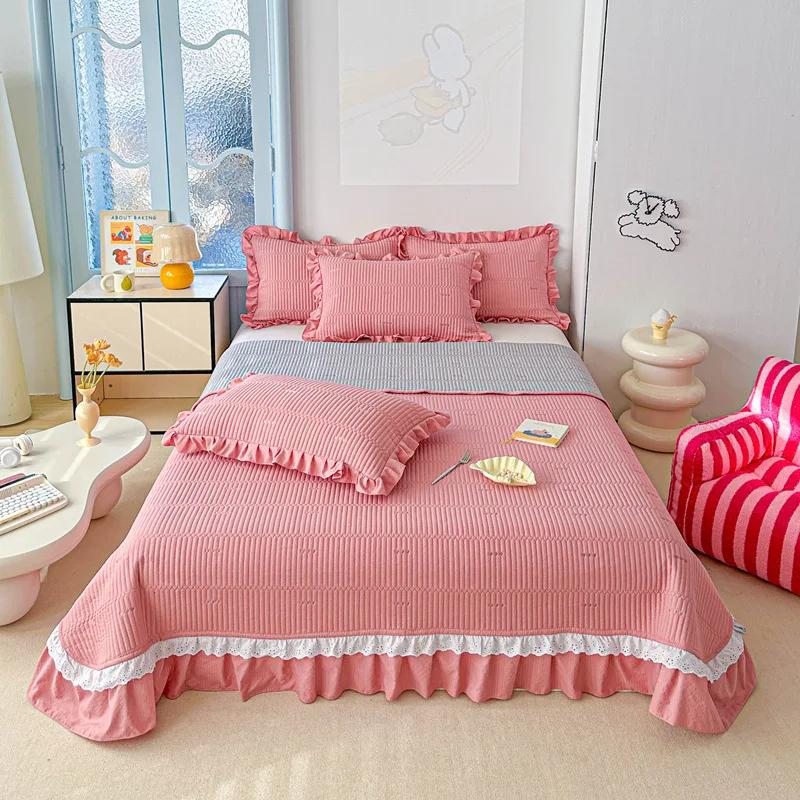 2025 New Kapok Twill Bed Cover Three Piece Set Kapok Love Solid Color Lace Bed Cover with a Pair of Pillowcases