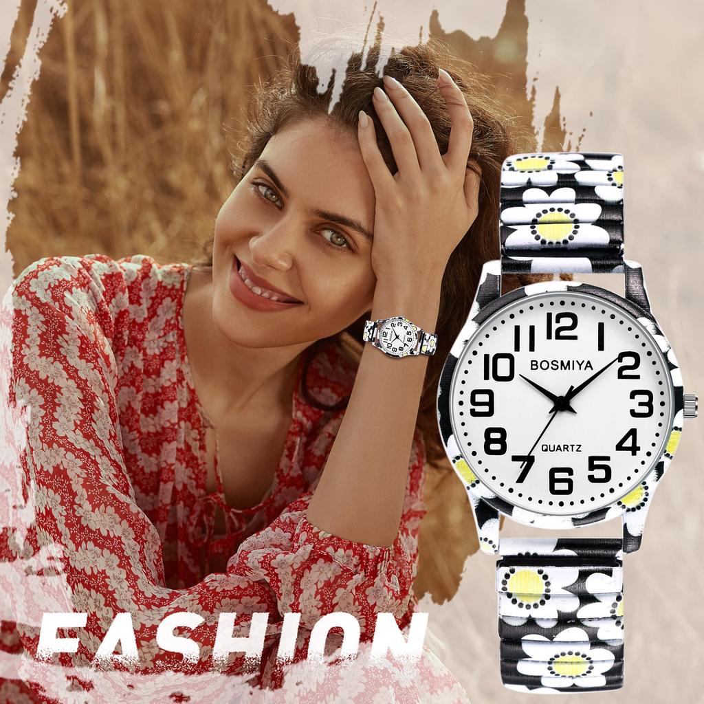 Women's Chrysanthemum Floral Print Watch, Waterproof: Analog Display, One Size Fits Most, Stretchable Stainless Steel Strap, Floral Dial, Cute and