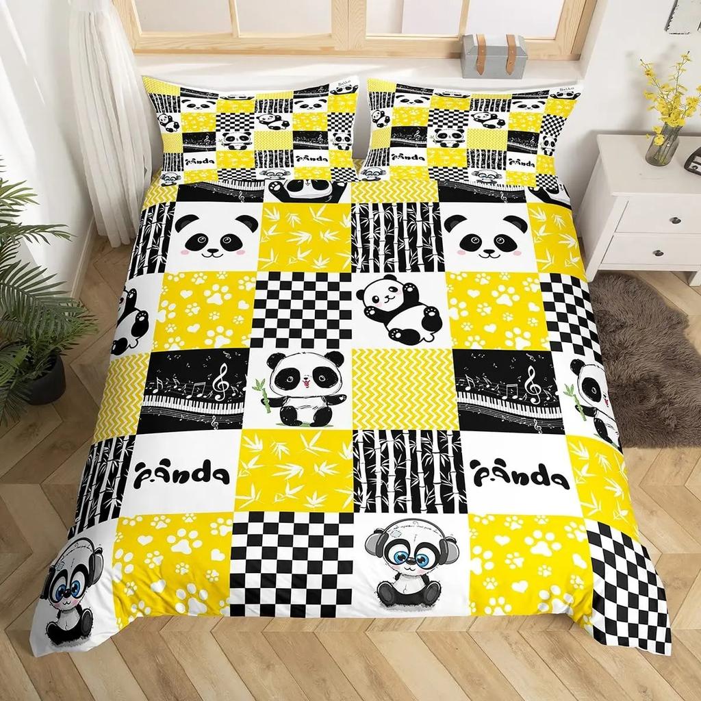 Panda Duvet Cover Set King Size Black And White Animal Comforter Cover With Pillowcases Starry Sky Blue Ultra Soft Quilt Cover