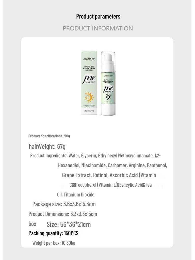 Zephoco Refreshing Primer for Oily-Combination Skin - Crease-Proof and Long-Lasting Makeup Base