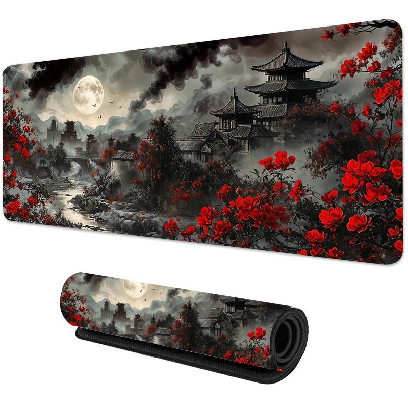 Red Moon Anime mousepad Gaming Mouse Pad Rubber Base, Extended Keyboard Protector for Home Office, Perfect for Gaming