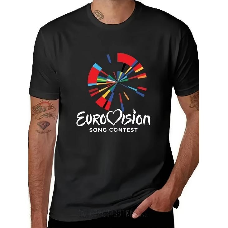 Men's Eurovision Song Contest T-Shirt - Black Tee with Rainbow Heartburst Logo & Eurovision Graphic, Retro Harajuku Streetwear Shirt, Breathable