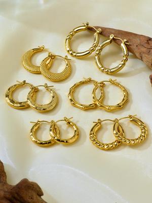6 Pair/Set 18k Gold Plated Stainless Steel Round Twist Earrings Light Luxury Premium Feeling No Color Loss Women's