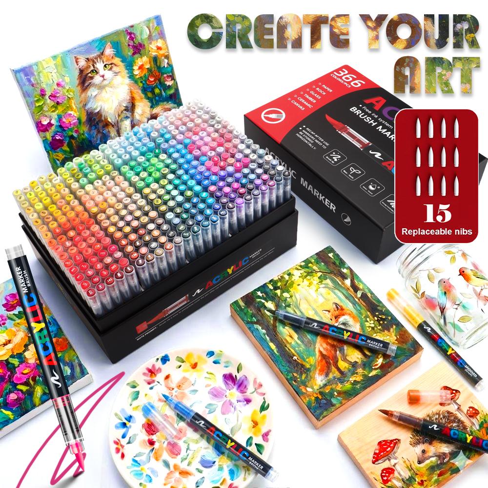 120/288/366 Colors Acrylic Paint Soft Brush Markers Set, Paint Pens Paint Markers, Acrylic Paint Pens for Wood, Stone, Canvas