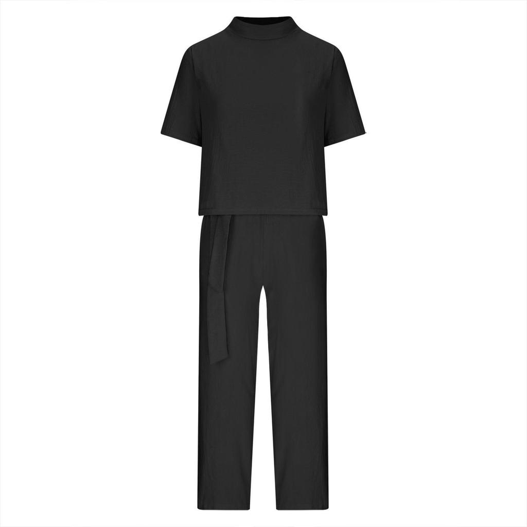 European & American Plus Size Women's Casual Summer Two-Piece Set with Short Sleeve Round Neck