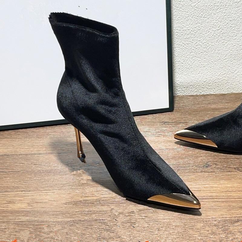 New Style Women's Concise Black Women Ankle Boots Pointed Toe Design Metal Decoration High Stiletto Heels Shoes Zapatos Mujer