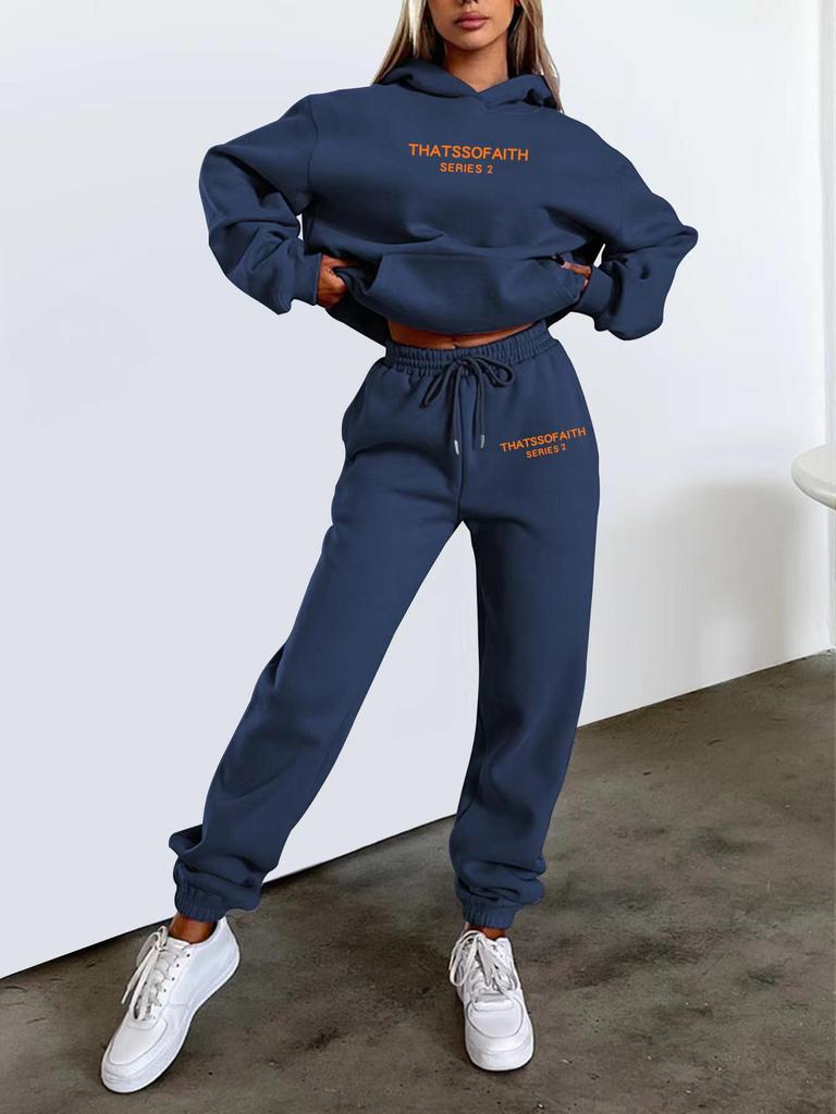 European-American Women's Fashion Letter Print Hoodie & Fleece Jogger Set