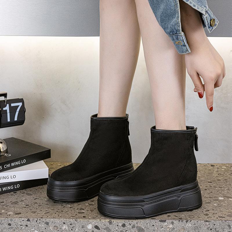 

8.5CM Kid Suede Leather Leopard print Platform Flats Sneakers Women Ankle Boots ZIP Increased Wedge Sneakers Autumn Spring Shoes 39 чорний