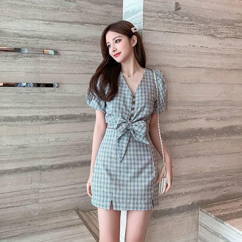Goddess V-Neck Plaid Two-Piece: Age-Defying Summer Midi Skirt Set