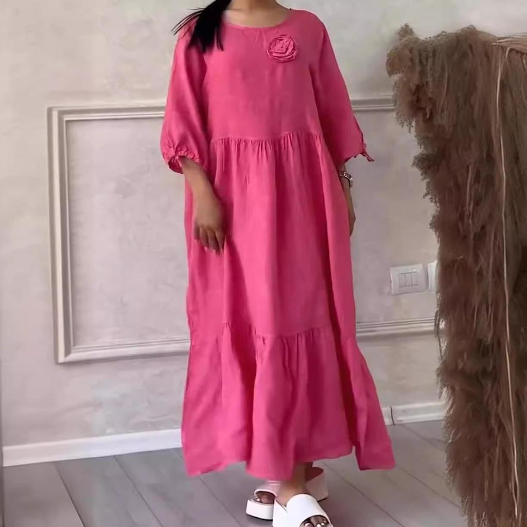 2024 Drawstring Back Tie Casual Solid Color Women's Dress - Round Neck, Long Sleeve