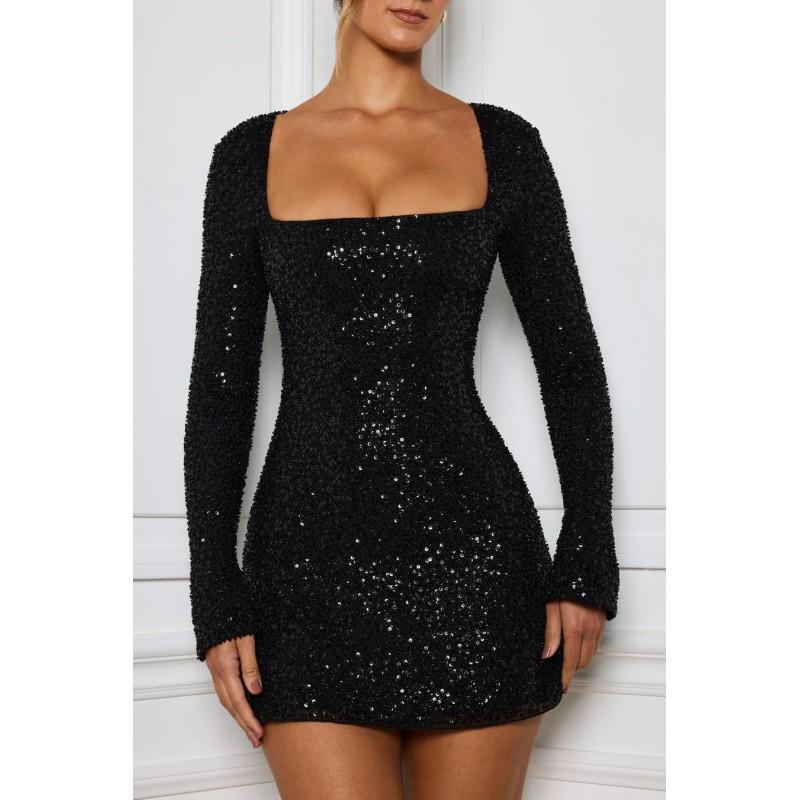Womens Sequin Cocktail Dress Square Neck Short Party Gown Elegant Lady Style