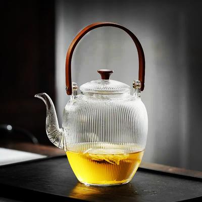 Japansk vertikalt randig glas tekanna med filter 1000 ml Kokande blomtekanna Kungfu bambuhandtag Lyftbalk tegryta