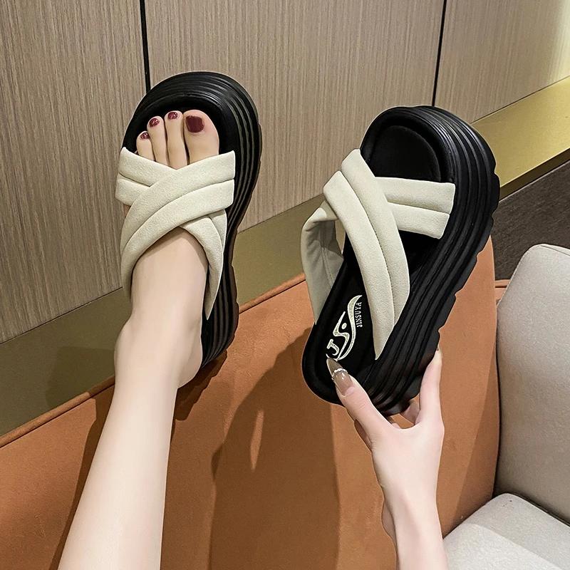 Fashion 8CM High Platform Slippers For Women Open Toe Leather Wedges Chunky Sandals New 2025 Summer Thick Bottom Female Beach Flip Flops