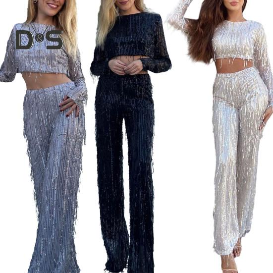 2Pcs/Set Women Tassel Sequin Party Outfit Set O Neck Long Sleeve Cropped Tops High Waist Wide Leg Long Pants Set