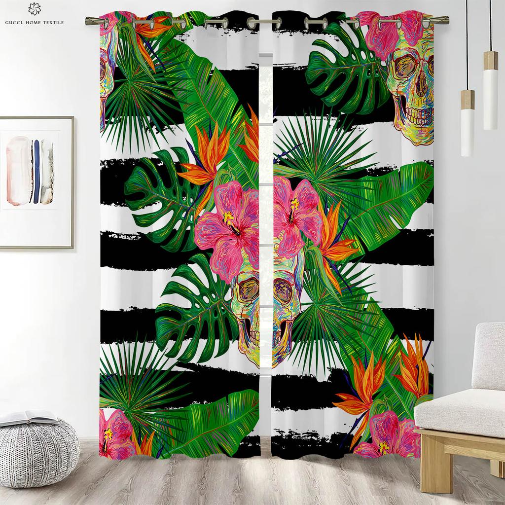 2Pcs Tropical Plant Leaves Printed Curtains 100% Polyester Machine Washable Bedroom Living Room Kitchen Decorative Curtains