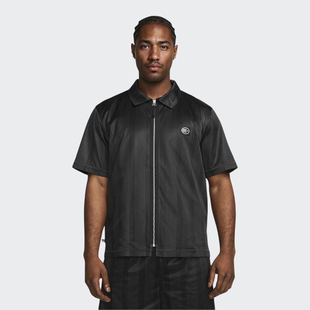 Nike Solid Color Full Zip Collared Basketball Short Sleeve T-Shirt Men Tops Black DX0343-070