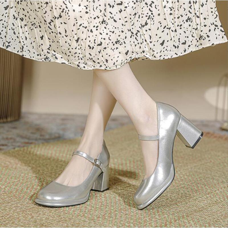 High Quality Spring Women's High Heels Mary Jane Shoes 2026 New Fashion Patent Leather Buckle Strap Shallow Mouth Shoe for Women