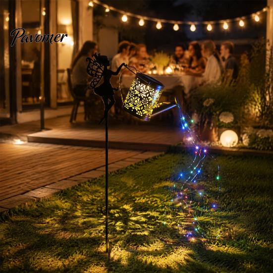 Metal Yard Ornaments for Gift Christmas Solar Santa Kettle Light, Solar-Powered Claus Watering Can Stake Lamp Decorative Stakes with LED String,