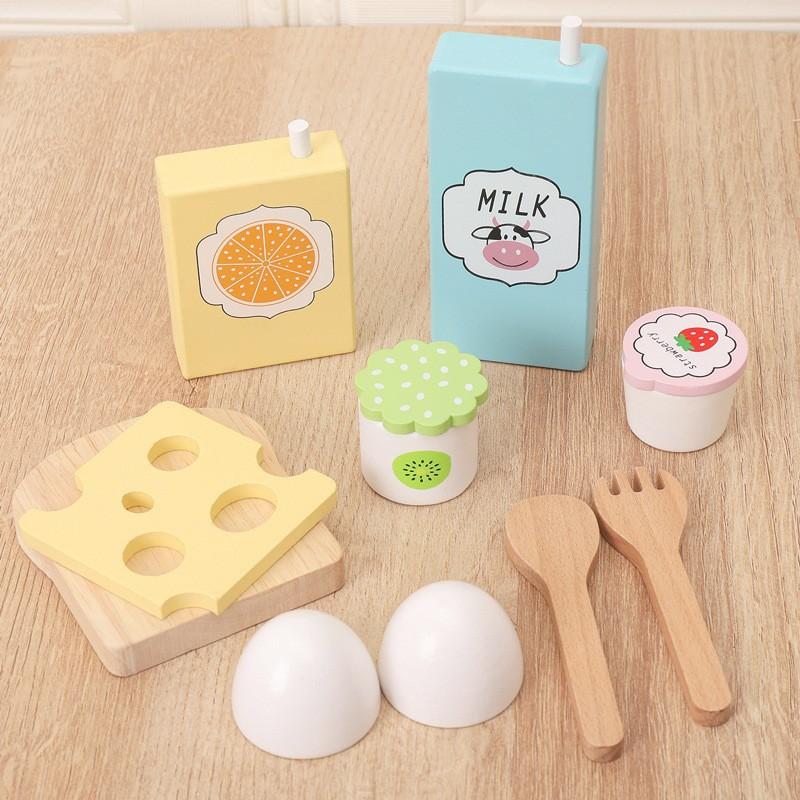 Children Simulation Breakfast Bread Milk Dessert Play House Combination Wooden Role Playing Toys
