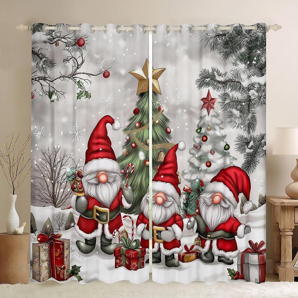 Christmas Gnome Curtain Winter Xmas Theme Window Curtains Snowflake Happy New Year Holiday Room Decor Panels Light Blocking Made Of Polyester
