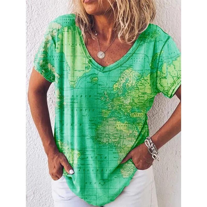 Women'S Map Print Shirt V-Neck Loose Short-Sleeved T-Shirt