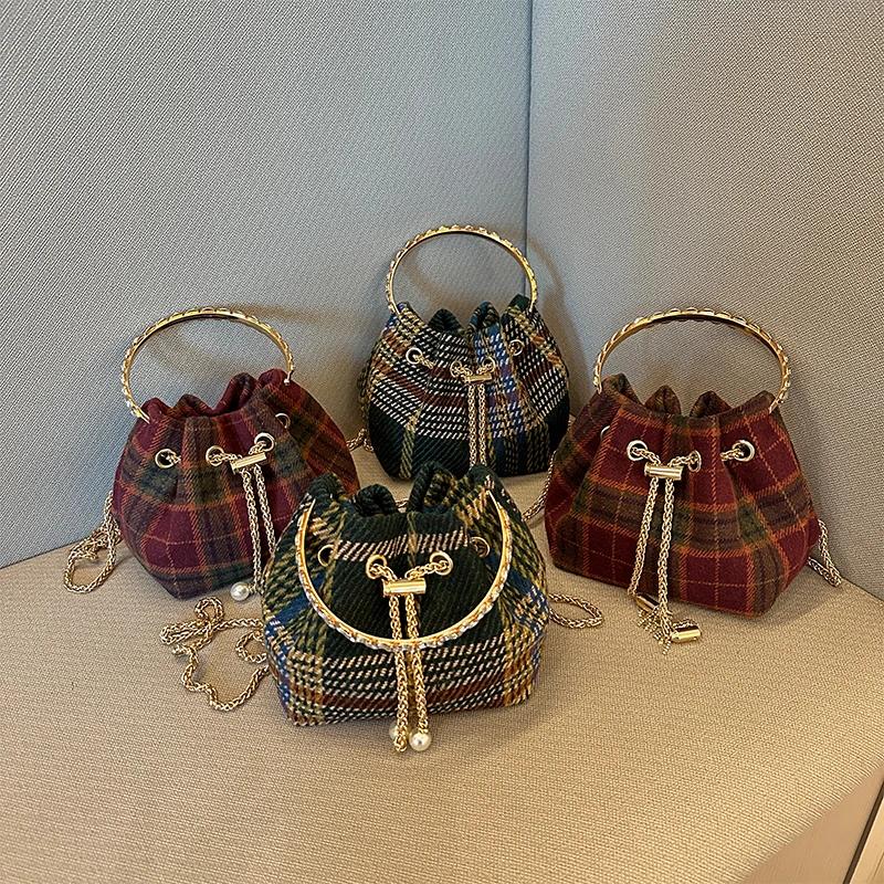 Damen-Umhängetasche mit Kette, neue Retro-Karo-Wolle, einzelne Schultertasche aus Cord