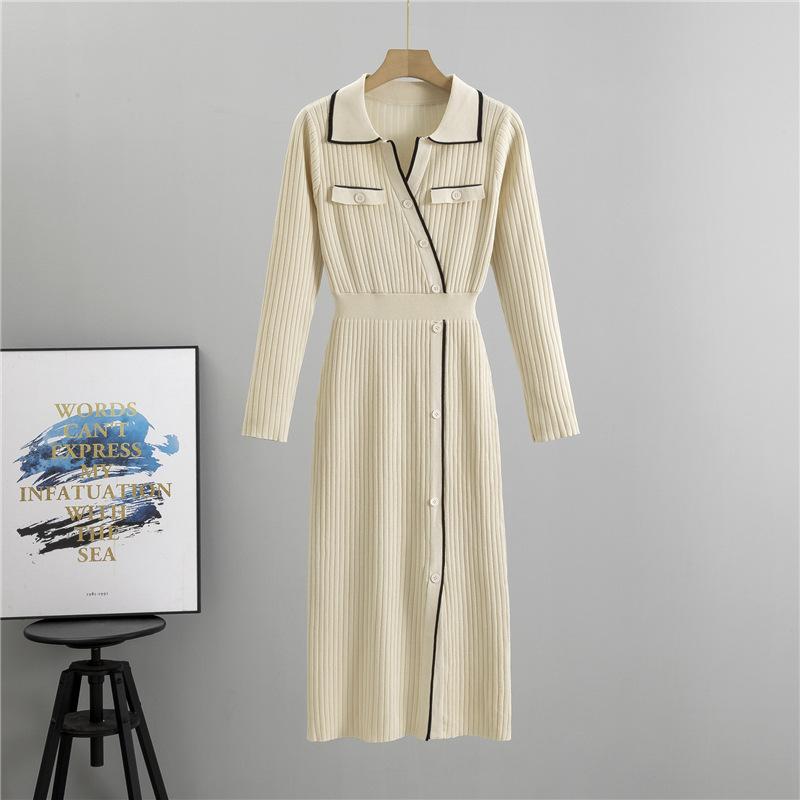Svetrové šaty s dlouhým rukávem pro ženy Jarní Výstřih do V Žebrované Ležérní Formální Koktejlové Bodycon Maxi šaty Dámské Knoflíkové Slim Fit Elegantní Pletené šaty