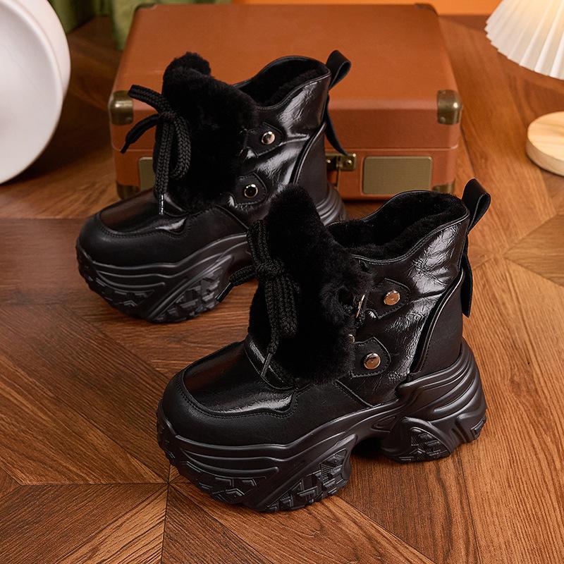 Fashion 10CM Genuine Leather Vulcanize Fashion Thick Bottom Women Chunky Sneakers Platform Wedge Causal Winter Plush Autumn Shoes