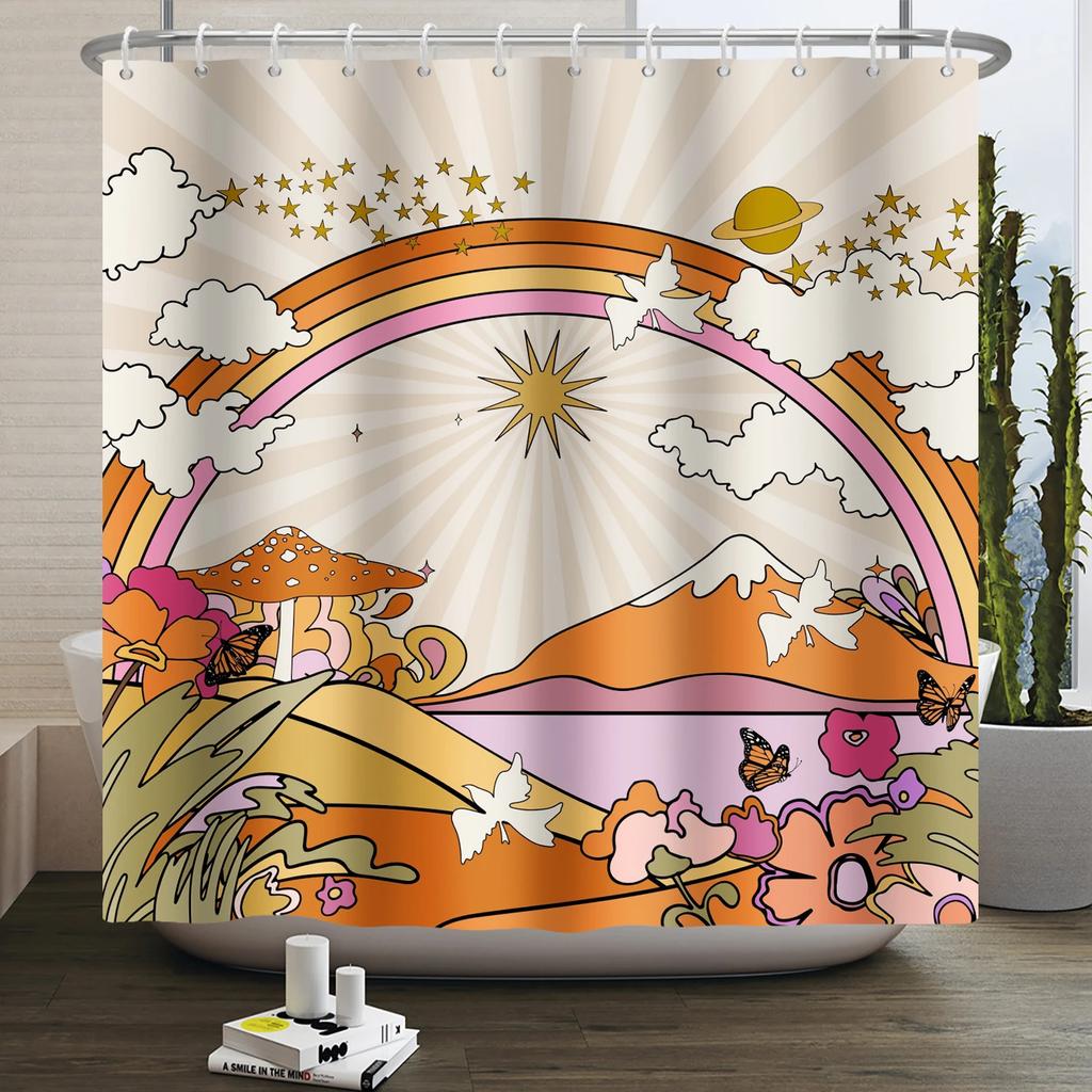 70s Retro Rainbow Shower Curtain Hippy Funky Cartoon Mushroom Floral Bathroom Curtain Polyester Waterproof Fabric Bathtub Screen