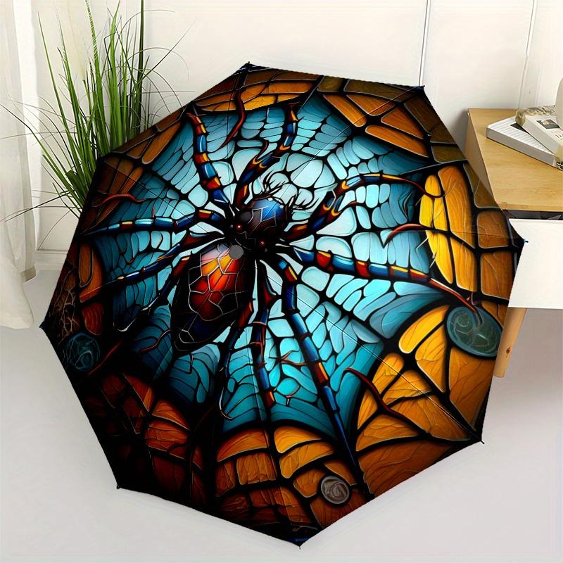 

Stained Glass Spider Wall Art Decor, Unique Home Decoration Piece Umbrella, Cute Umbrella with Cute Design, Portable 3-Fold Compact Umbrella for Men &