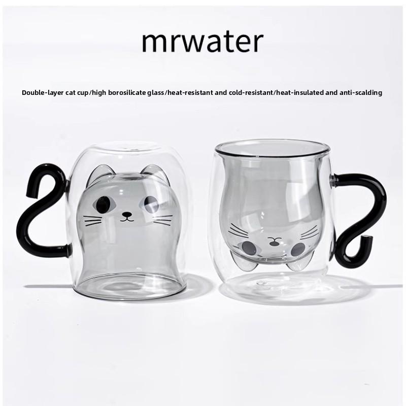 Cat Double-layer Mug High Temperature Resistant Milk Mugs Cute Cup for Girls Water Cups Home Breakfast Cup Coffee Glasses Glass