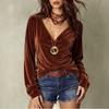 Women's Slim Fit Velvet Top Vintage V-Neck Long Sleeve Blouse for Casual Daily Wear