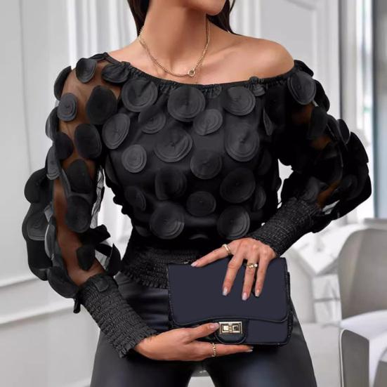Women Tops Off Shoulder Puff Long Sleeve Elastic Waist Short Tops Perspective Mesh Yarn Casual Tops Party Daily Wear