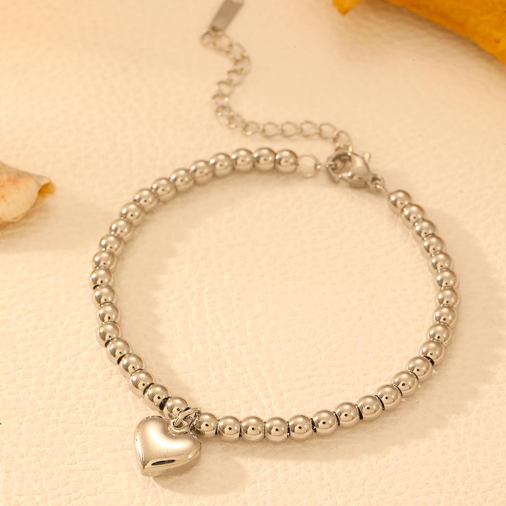 Stainless Steel Engravable Peach Heart Love Bracelet, Colorfast Polished Titanium Finish