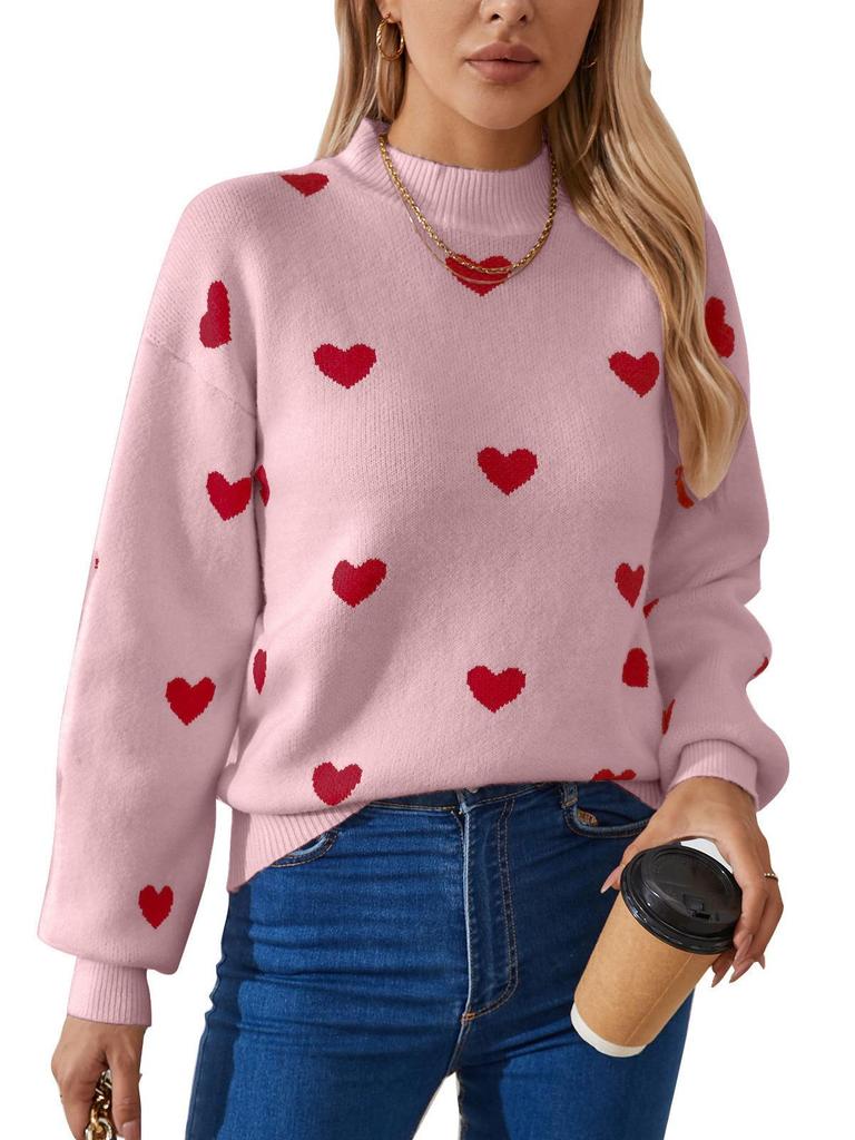 Heart Jacquard Round Neck Pullover Sweater for Women - Autumn/Winter Valentine's Day Style
