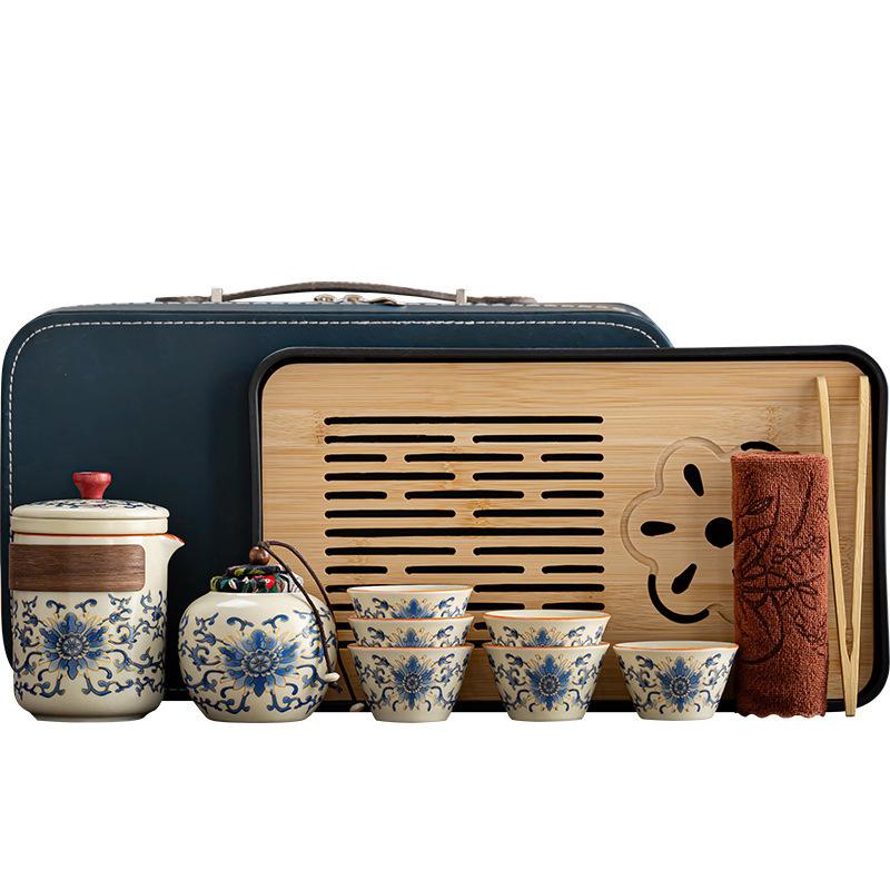 New Chinese Ru Kiln Travel Tea Set Outdoor Portable National Style Retro Ancient Rhyme Kung Fu Tea Pot Business Gifts