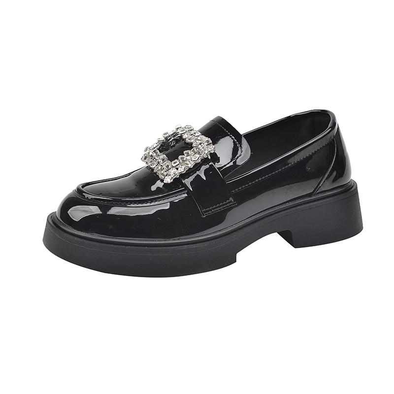 Fashion Women's Thick Heel Loafer Shoes Autumn New Round Head Deep Mouth Water Drill Buckle Thick Sole Non-slip Single Shoes