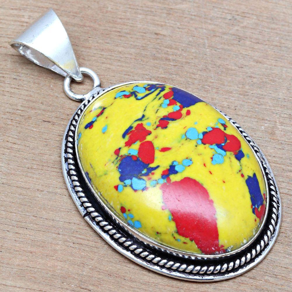 Pendant Mosaic Jasper Gemstone Handmade Gift For Her Silver Jewelry 1.75"