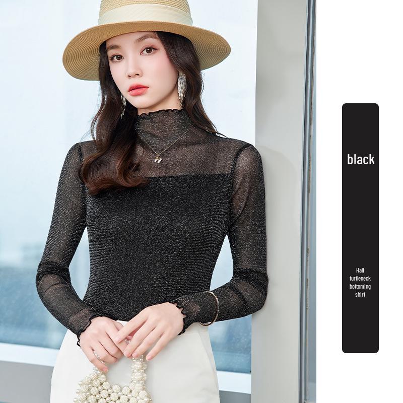 Damen Lurex Mesh Spitzenbluse - Herbst 2025 Langarm Halbochgeschlossenes Oberteil