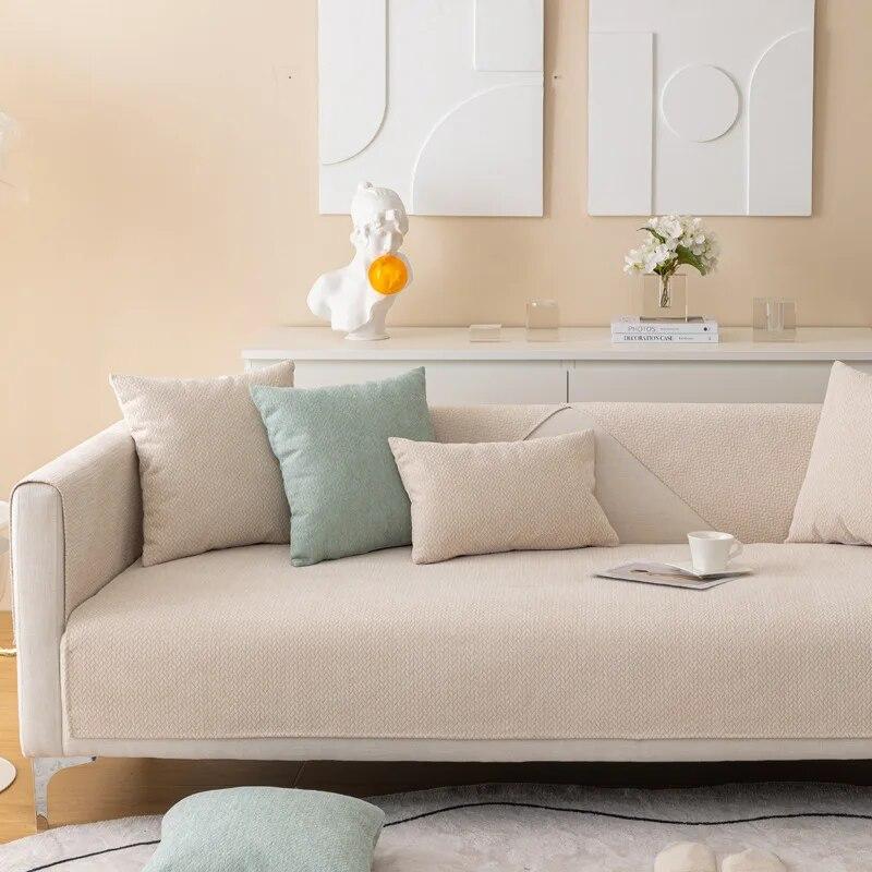 Luxury Cream Chenille Sofa Cushion Cover Non Slip Soft Textured Living Room Decor