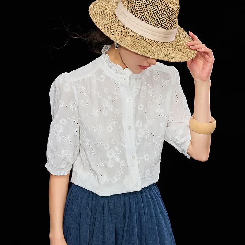 Women s Summer Embroidered Cotton Lace Blouse L