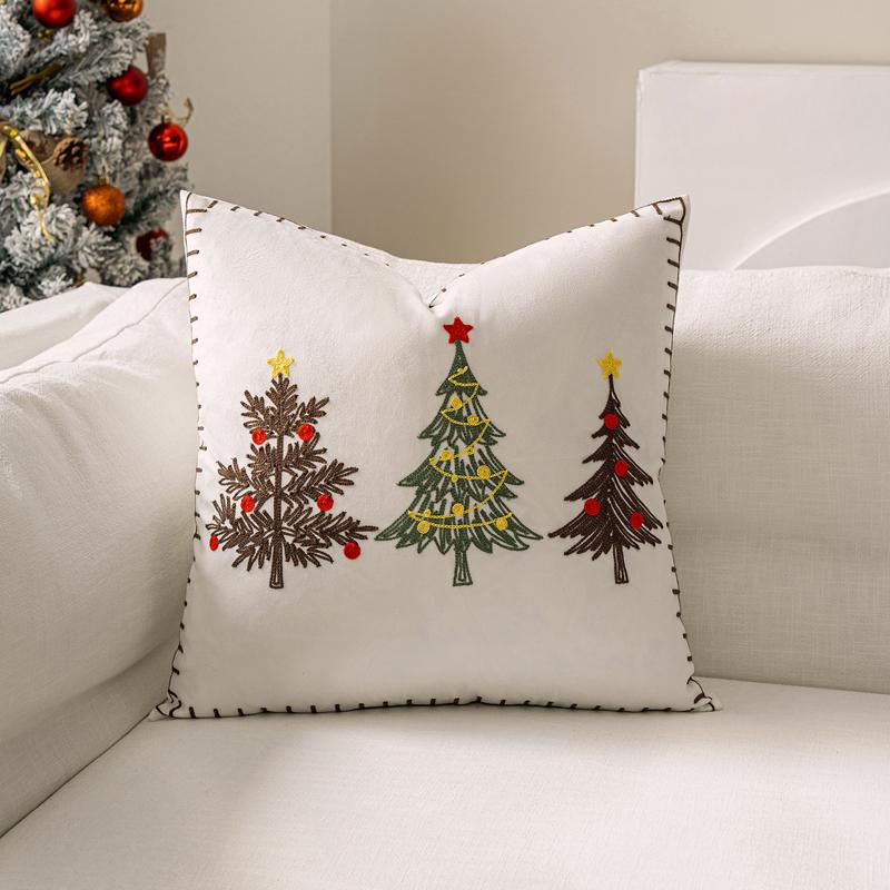 Christmas Embroidery Throw Pillow Cover Xmas Tree Reindeer Snowflake Embroidered Cushion Case Home Decoration (Without Core)