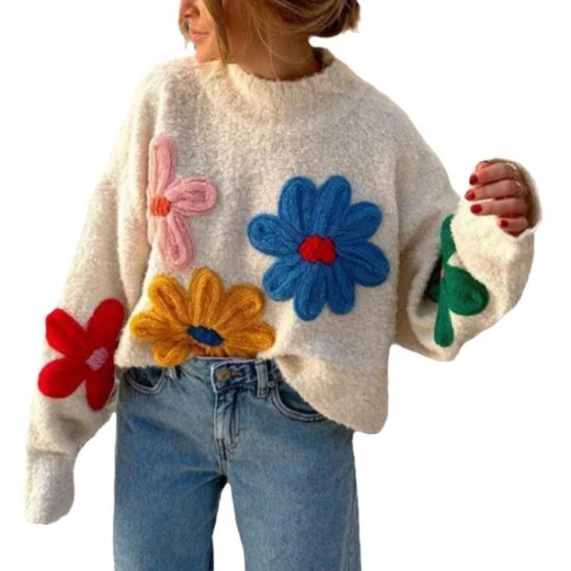 New Colored Small Flower Sweater for Women's Heavy Industry Embroidered Pullover Knitted Sweater for Women