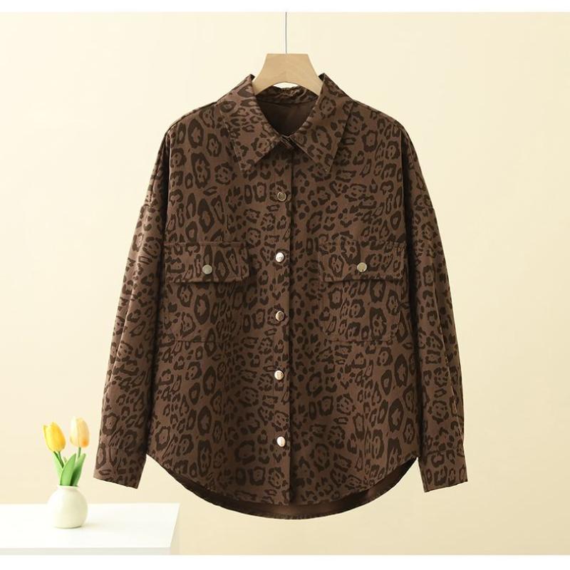Women's New Spliced POLO Collar Buttons Fashionable Versatile Slim Leopard Print Long Sleeve Shirt