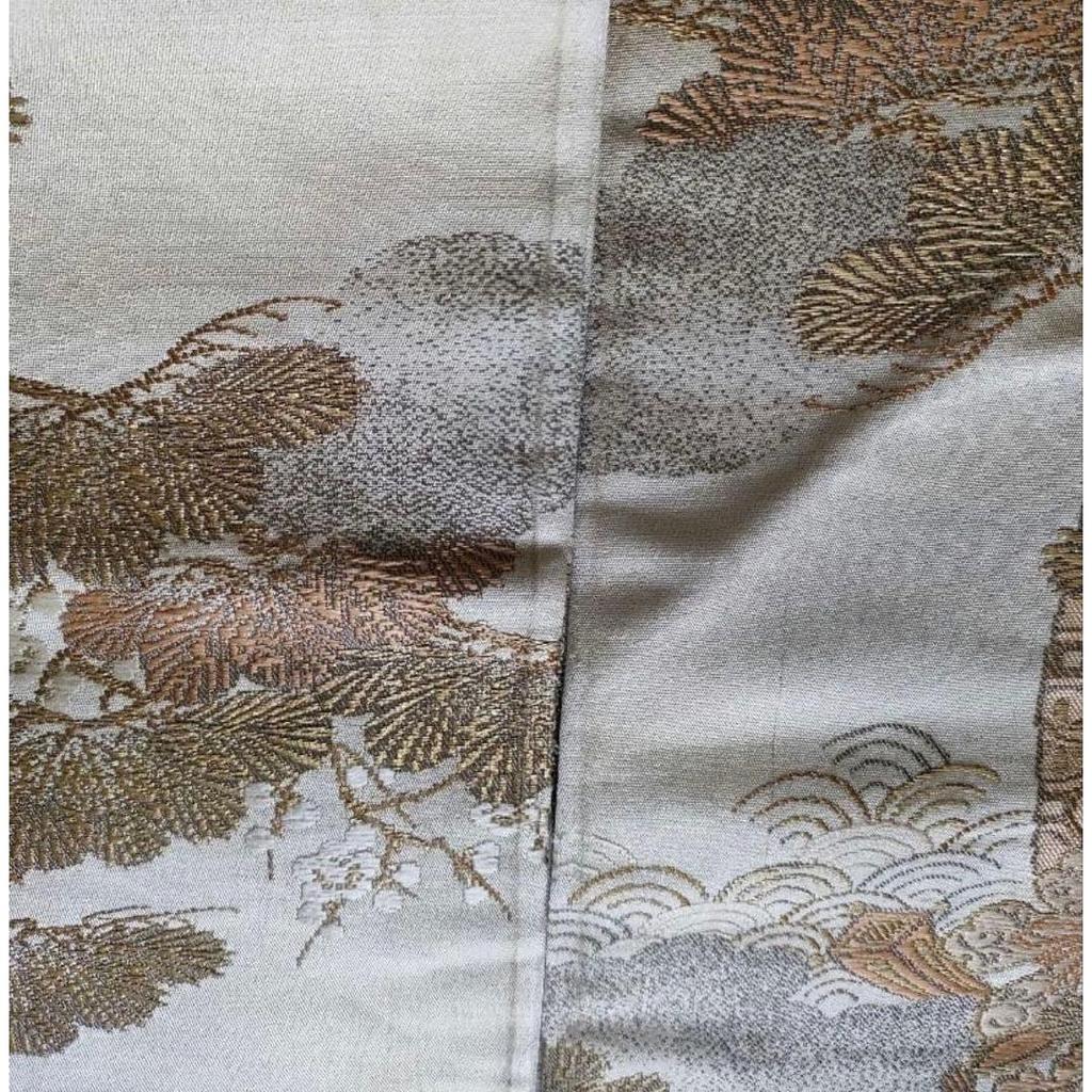 Used Nagoya obi beige ground with auspicious patterns such as pine, bamboo, plum and treasure ship